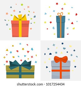 Set of four vector illustration with beautiful cardboards and paper gift boxes with lids and ribbons. 
