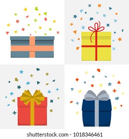 Set of four vector illustration with beautiful cardboards and paper gift boxes with lids and ribbons. 