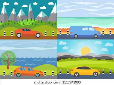 Set of four vector illustration of car on the road against the backdrop of  natural landscape. 