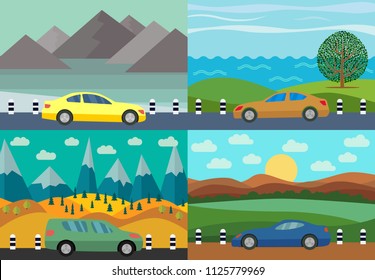 Set of four vector illustration of car on the road against the backdrop of  natural landscape. 
