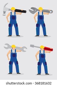 Set of four vector illustration of cartoon construction worker character carrying oversized work tools over shoulder isolated on plain background.