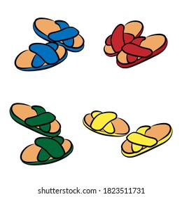 Set of four vector illustration of colour pair of home cozy slippers on white background