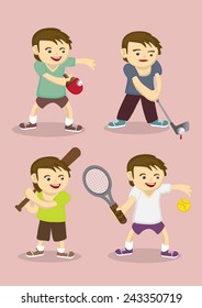 Set of four vector illustration of cute sporty boy learning table tennis, golf, baseball and tennis isolated on pink plain background