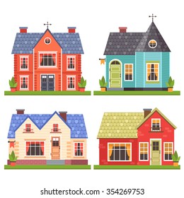 set of four vector illustration of cute colorful houses. vector flat buildings illustration
