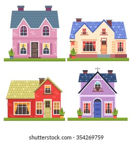 set of four vector illustration of cute colorful houses. vector flat buildings illustration