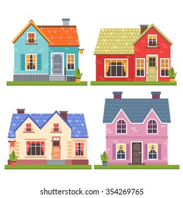 set of four vector illustration of cute colorful houses. vector flat buildings illustration