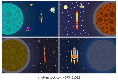 Set of four vector illustration with flying rocket. Space travel.
