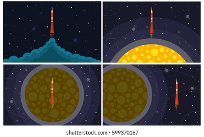 Set of four vector illustration with flying rocket. Space travel.
