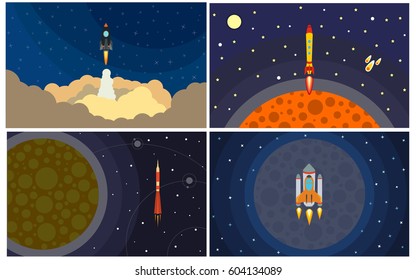 Set of four vector illustration with flying rocket. Space travel.
