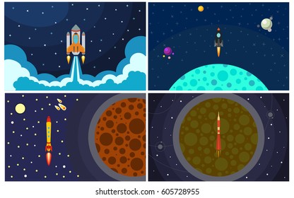 Set of four vector illustration with flying rocket. Space travel.
