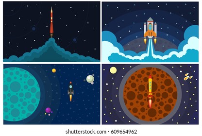 Set of four vector illustration with flying rocket. Space travel.
