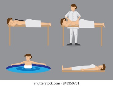 Set of four vector illustration of lady pampering herself by enjoying day spa treatment like hot stone massage, back massage, hot spring and sauna, isolated on grey background