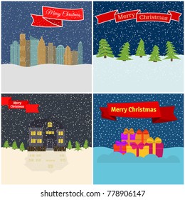 Set of four vector illustration with night forest, lonely houses, gift boxes, night city and red ribbons with the inscription Happy Christmas.