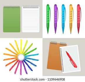 Set of four vector illustration with notebooks, pens and pencils.
