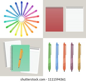 Set of four vector illustration with notebooks, pens and pencils.
