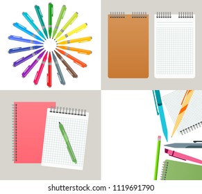 Set of four vector illustration with notebooks, pens and pencils.