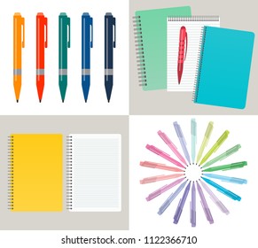 Set of four vector illustration with notebooks, pens and pencils.