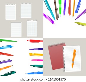 Set of four vector illustration with notebooks, pens and pencils.