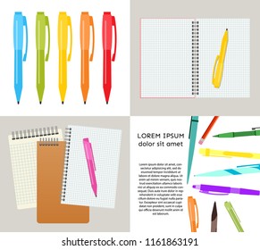 Set of four vector illustration with notebooks, pens and pencils.
