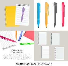 Set of four vector illustration with notebooks, pens and pencils.
