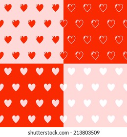set of four vector illustration patterns of hearts on pink and red background
