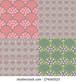 set of four vector illustration patterns of abstract geometric shapes, in shades of soft pink, grey, and green  