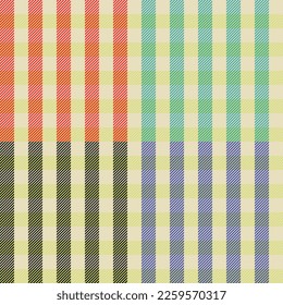 set cuatro ilustraciones vectoriales De un patrón de plaid, las líneas rojas, azules, amarillas y negras contrastan maravillosamente en un fondo blanco. Para el fondo y la moda textil y otros proyectos.