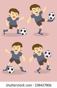 Set of four vector illustration of soccer players kicking soccer ball isolated on plain pink background