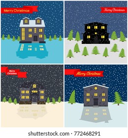 Set of four vector illustration with winter night, lonely houses and a red ribbons with the inscription Happy Christmas.
