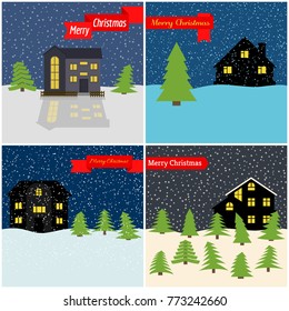 Set of four vector illustration with winter night, lonely houses and a red ribbons with the inscription Happy Christmas.
