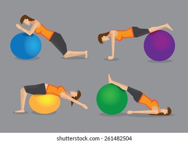 Set of four vector illustration of woman using colorful gym ball for fitness exercises isolated on plain grey background