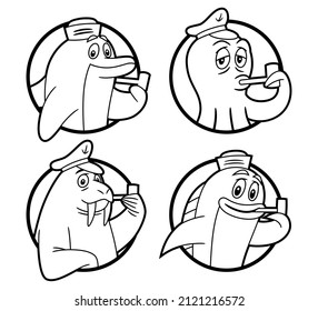 Set of four vector illustrations, in black and white with border lines, of a dolphin, an octopus, a walrus and a fish, with sailor hat on its heads and smoking a pipe, framed in circular shapes.