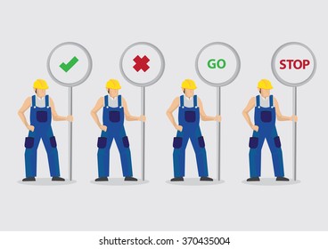 Set of four vector illustrations of cartoon construction worker character holding traffic sign posts with different symbols and messages isolated on plain background.