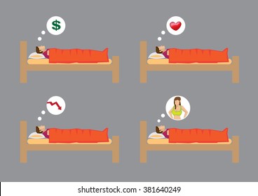 Set of four vector illustrations of cartoon man lying on the bed and dreaming isolated on plain grey background. 