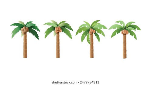 A set of four vector illustrations of coconut palm trees, perfect for tropical and beach-themed designs. Ideal for use in digital art, web design, and print materials.papper cut art style.