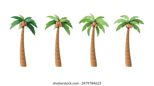 A set of four vector illustrations of coconut palm trees, perfect for tropical and beach-themed designs. Ideal for use in digital art, web design, and print materials.papper cut art style.