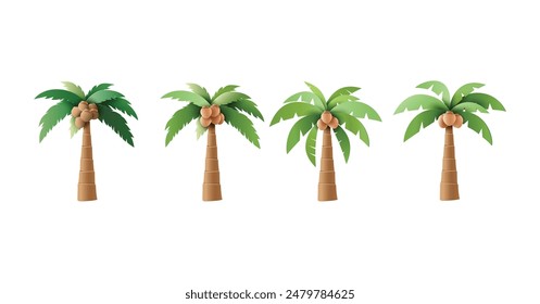 A set of four vector illustrations of coconut palm trees, perfect for tropical and beach-themed designs. Ideal for use in digital art, web design, and print materials.papper cut art style.