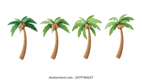 A set of four vector illustrations of coconut palm trees, perfect for tropical and beach-themed designs. Ideal for use in digital art, web design, and print materials.papper cut art style.