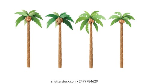 A set of four vector illustrations of coconut palm trees, perfect for tropical and beach-themed designs. Ideal for use in digital art, web design, and print materials.papper cut art style.