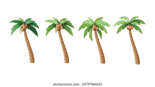 A set of four vector illustrations of coconut palm trees, perfect for tropical and beach-themed designs. Ideal for use in digital art, web design, and print materials.papper cut art style.