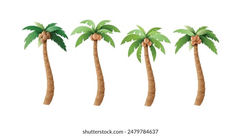 A set of four vector illustrations of coconut palm trees, perfect for tropical and beach-themed designs. Ideal for use in digital art, web design, and print materials.papper cut art style.