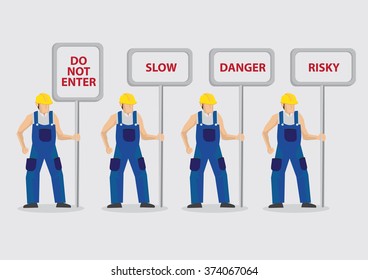 Set of four vector illustrations of construction worker character carrying sign posts with warning messages isolated on plain background.