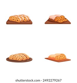 Set of four vector illustrations depicting sliced bread loaves on wooden cutting boards