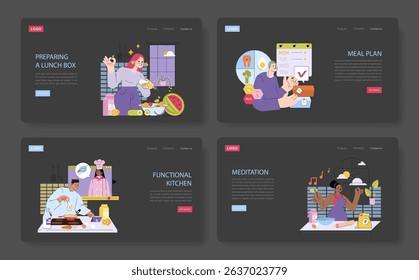 Set of four vector illustrations depicting meal preparation, planning, functional kitchen activities, and meditation. Includes scenes of cooking, organizing dietary plans, and engaging in meditation.