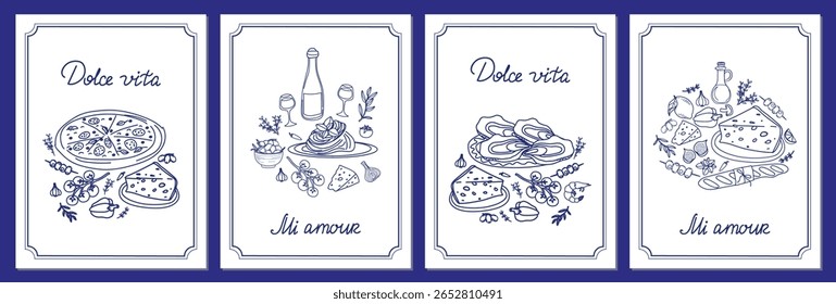 Conjunto de quatro ilustrações vetoriais representando pratos italianos icônicos como pizza, massa e queijo com vinho. Cada imagem inclui tipografia elegante com frases como Dolce vita e Mi amour. 