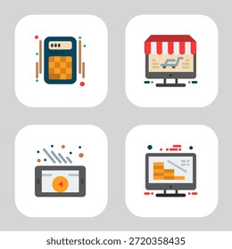 Conjunto de cuatro Ilustraciones vectoriales que representan temas digitales y en línea. Arriba a la izquierda cuenta con una calculadora. Arriba a la derecha muestra un monitor de computadora. Abajo a la izquierda se muestra una tableta con un Botón de reproducción. En la parte inferior derecha se muestra un monitor con gráficos de barras.