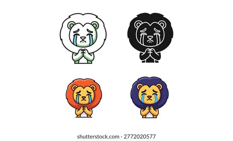 A set of four vector illustrations depicting a sad lion character crying with its paws together in a praying gesture. Includes color, outline, silhouette, and blue-maned versions, suitable for emotional concepts or animal-themed designs.
