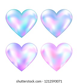 Set of four vector illustrations of different holographic mesh hearts isolated on the white background.