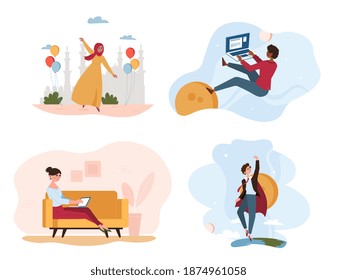 A set of four vector illustrations of diverse multiracial women characters doing different actions. Working on laptops, dancing and dreaming. Cartoon flat vector illustrations
