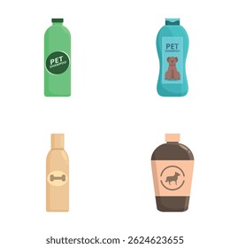 Set of four vector illustrations featuring pet shampoo bottles with animal icons